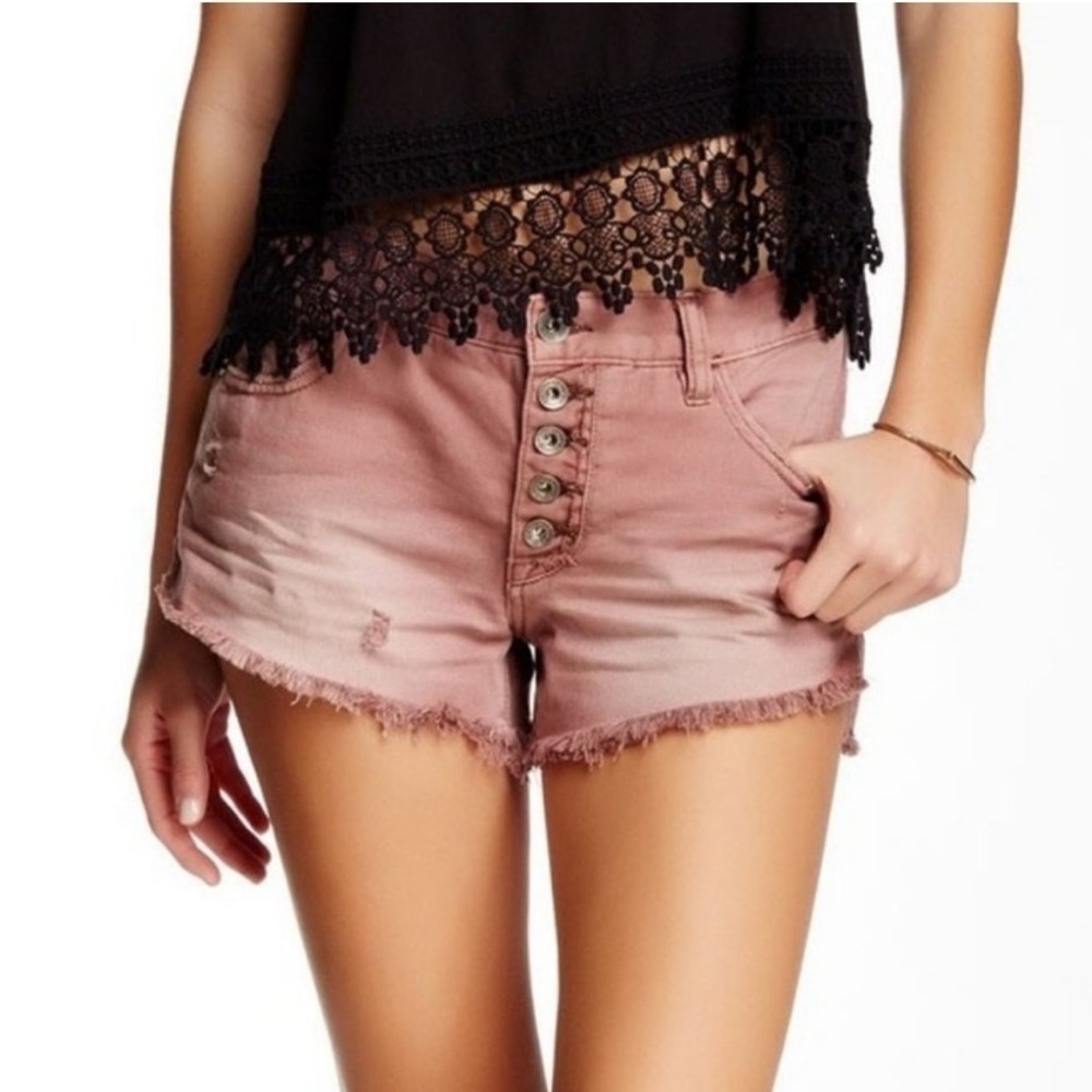 Sz24 Free People Runaway Slouch Button Fly Raw Edge Distressed Shorts Pink EUC